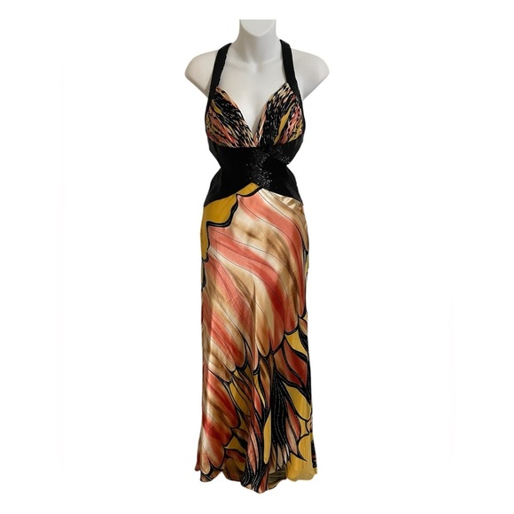 TERANI COUTURE Halter 100% Silk Dress Maxi Boho Sash Crisscross Back Size 2 - Picture 2 of 12